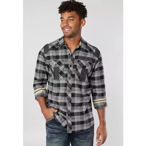 AFFLICTION Men's Gray Black Plaid Pattern Long Sleeve Button Down Shirt Size XL - Picture 1 of 8